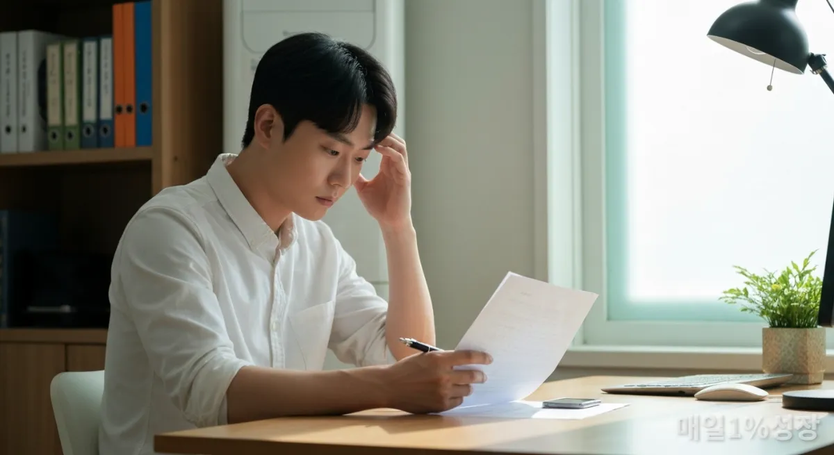 집 책상에서 고민하며 서류를 보는 한국인 남성