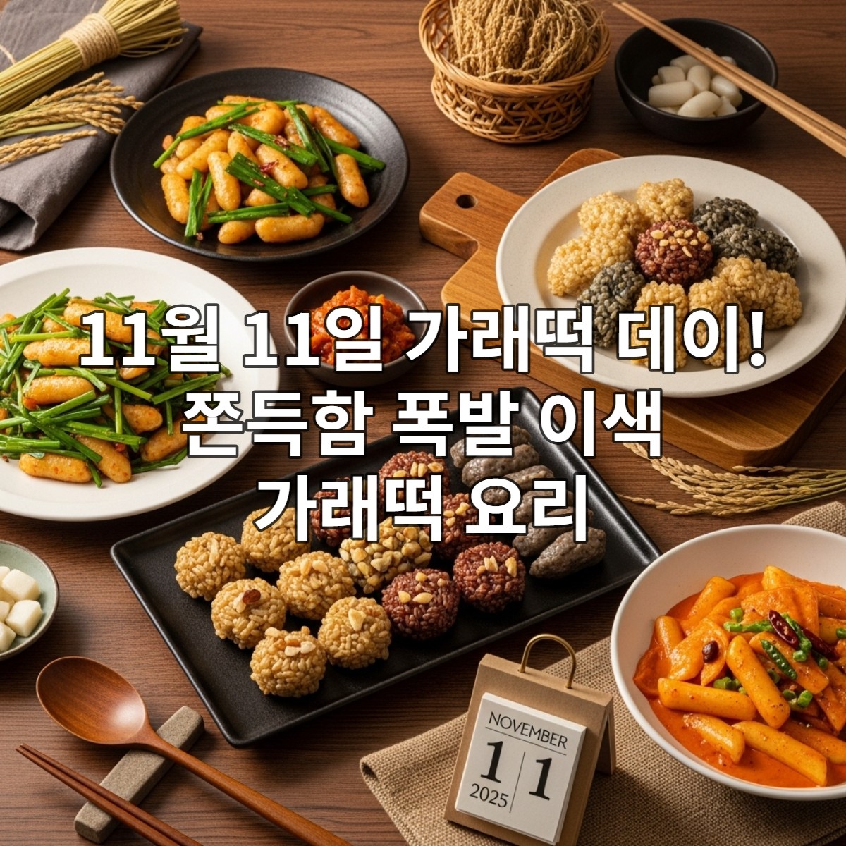 2025년 11월 11일 가래떡 데이 및 농업인의 날 기념, 부추 가래떡 볶음, 현미 가래떡 강정, 퓨전 떡볶이 등 다채로운 이색 가래떡 요리가 정갈하게 차려진 식탁 풍경
