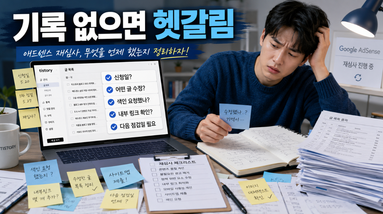 애드센스 재심사 중 신청일과 수정 내역 색인 상태를 기록하지 않아 혼란스러워하는 티스토리 블로거 이미지