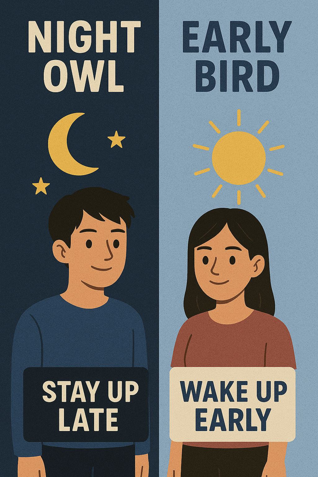 야행성 인간과 아침형 인간을 비교해서 나타낸 이미지