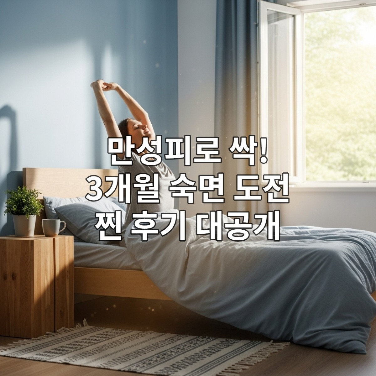 상쾌하게 아침을 맞이하는 사람이 침실에서 기지개를 켜는 모습.