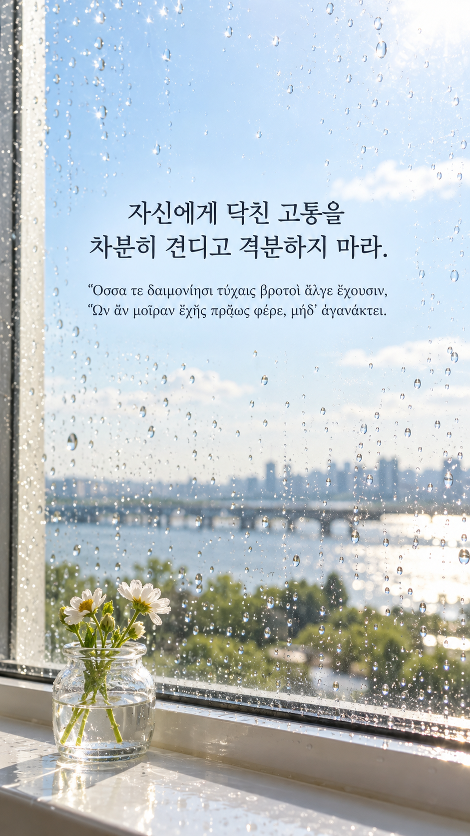 피타고라스 전통 황금시 11 자신에게 닥친 고통을 차분히 견디고 격분하지 마라. 비가 그친 뒤 밝게 반짝이는 창문 물방울 배경의 한글&middot;그리스어 세로 이미지
