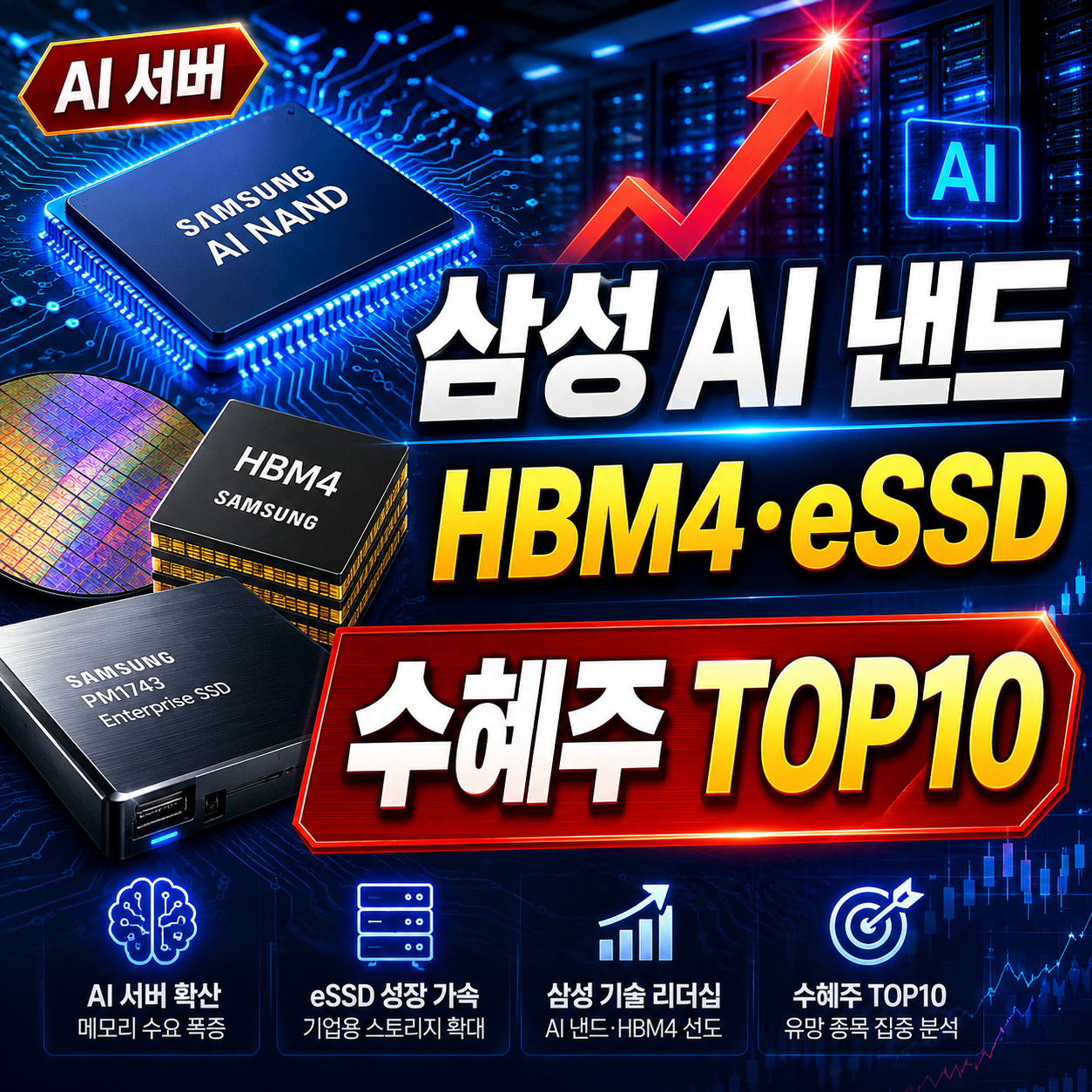 삼성전자 AI 낸드 PM1763 양산과 HBM4, eSSD 관련 수혜주 TOP10을 설명하는 반도체 투자 정보 이미지