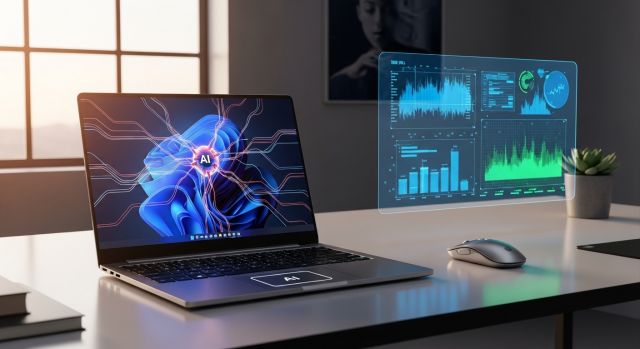 윈도우 12 AI 인터페이스와 전용 AI 키가 탑재된 2026년형 최신 노트북의 모습
