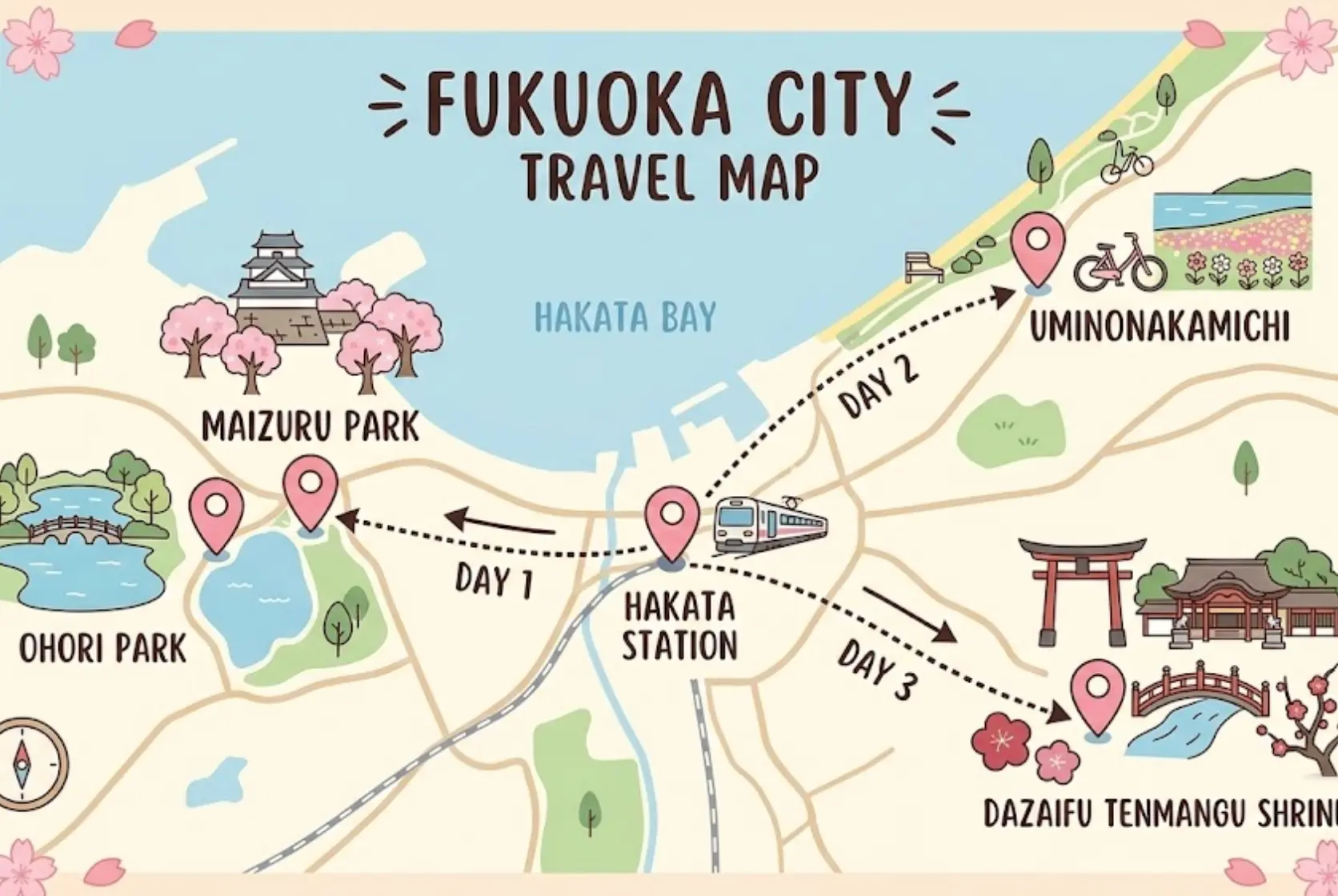 후쿠오카 가족여행 2박3일 추천 코스 지도 마이즈루 오호리 우미노나카미치 다자이후