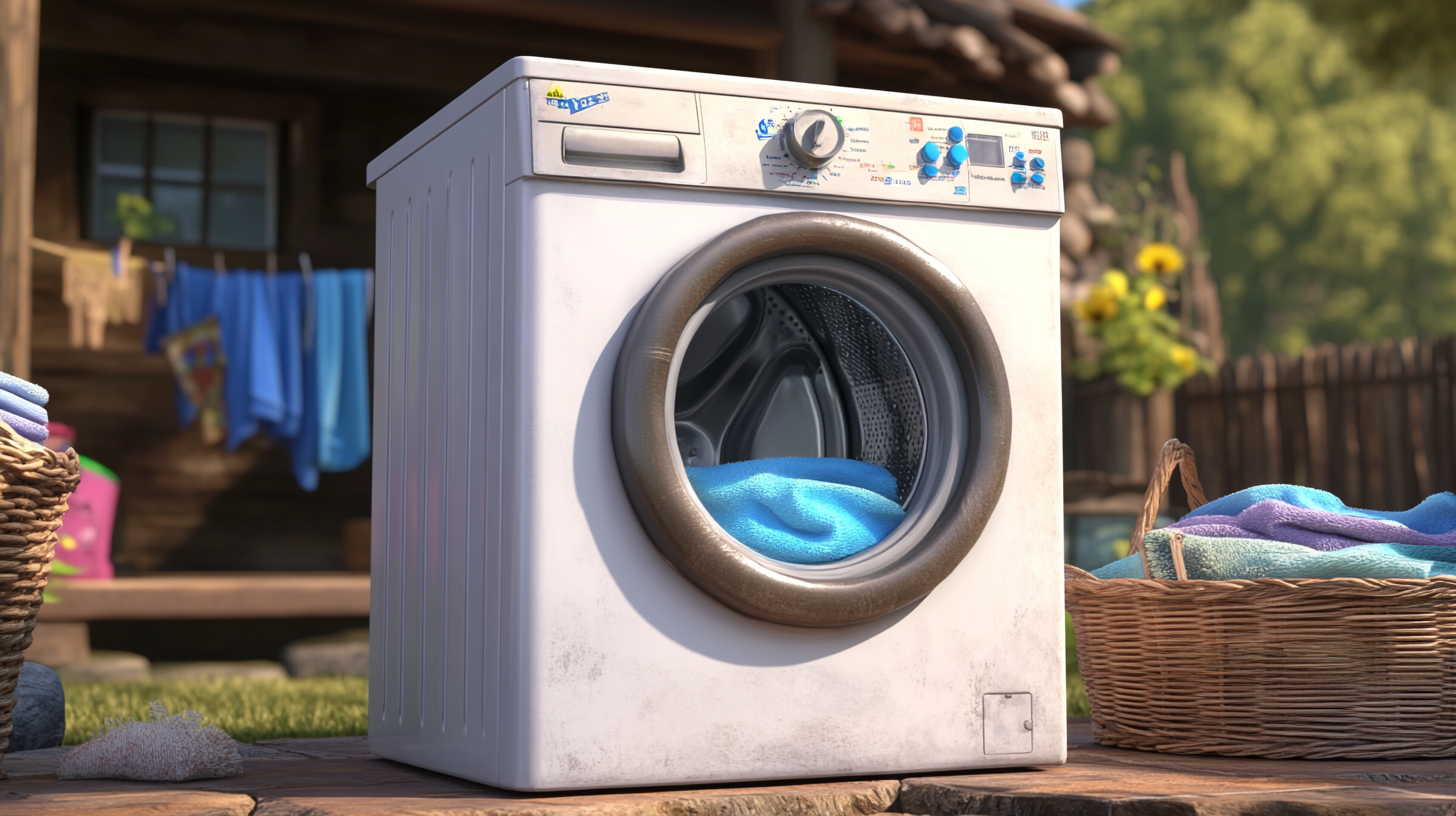 두 개의 통을 강조한 구형 세미 오토매틱 세탁기가 있는 전통적 환경 설정 이미지입니다. 수동 조작 특성이 잘 드러나며, 단순하고 고전적인 정서가 느껴집니다.