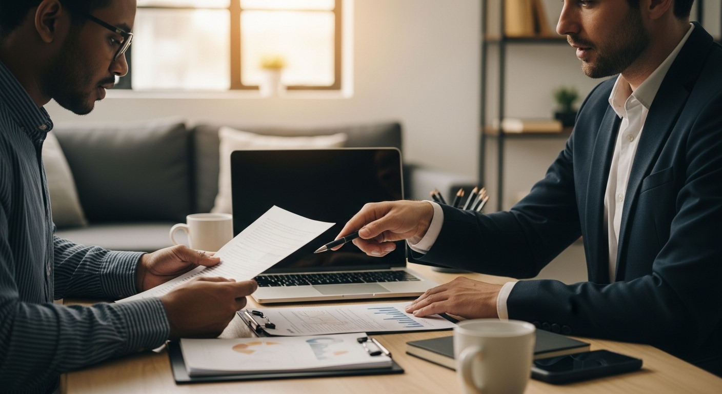 정책자금 전문가와 상담하며 금융지원 서류를 검토하는 중소기업 대표