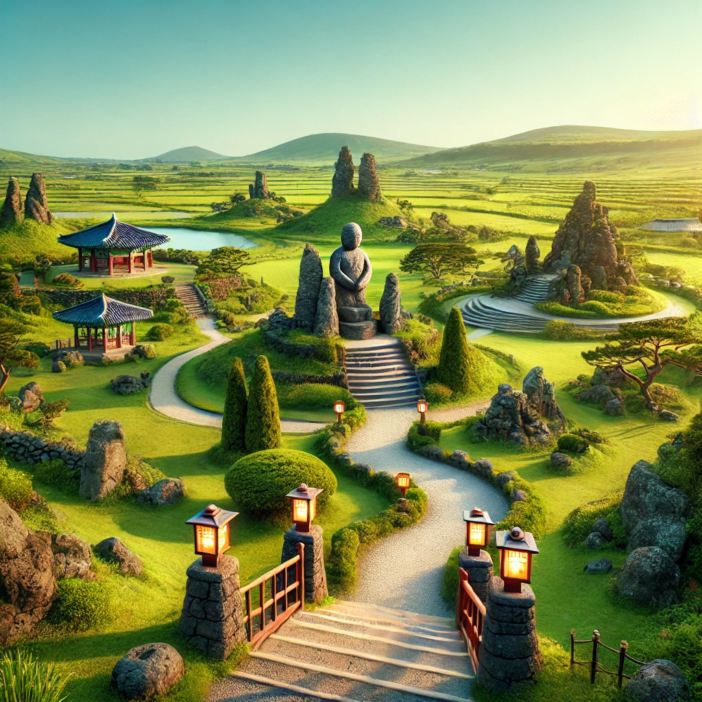 제주도 돌문화공원의 화산암 조형물과 전통 돌상, 자연과 어우러진 경관