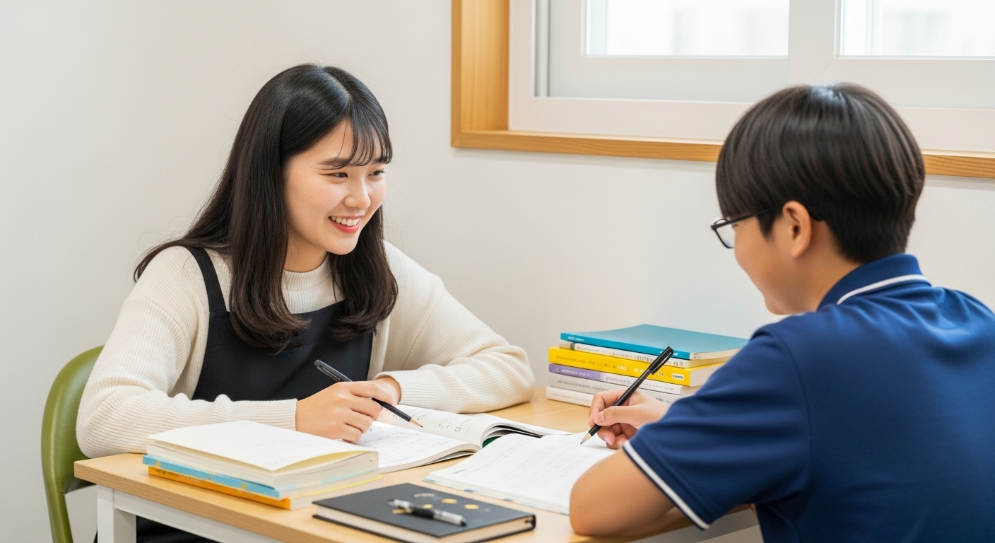 밝고 아늑한 스터디 카페에서 젊은 여성 튜터가 중학생에게 수학을 가르치며 긍정적인 학습 분위기를 조성하는 모습.