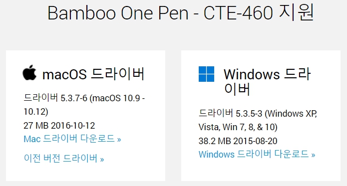와콤 펜 태블릿 Bamboo One Pen CTE-460드라이버 설치 다운로드