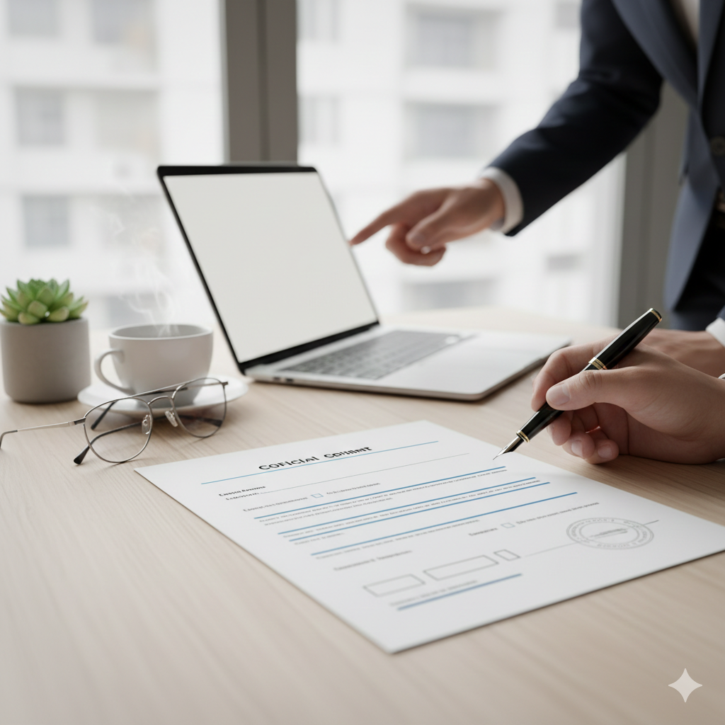 환한 사무실 안, 책상 위에 놓인 깔끔한 비즈니스 서류에 만년필로 서명하려는 손과 옆에서 노트북 화면을 보며 설명하는 전문가의 모습이 담긴 고화질 이미지