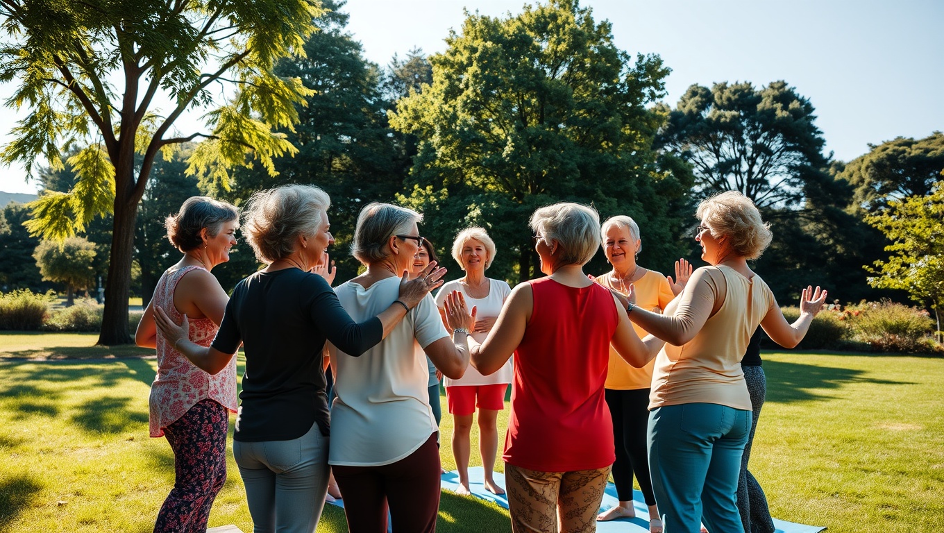 중년의 여성들이 즐겁게 마주하고 운동하는 모습