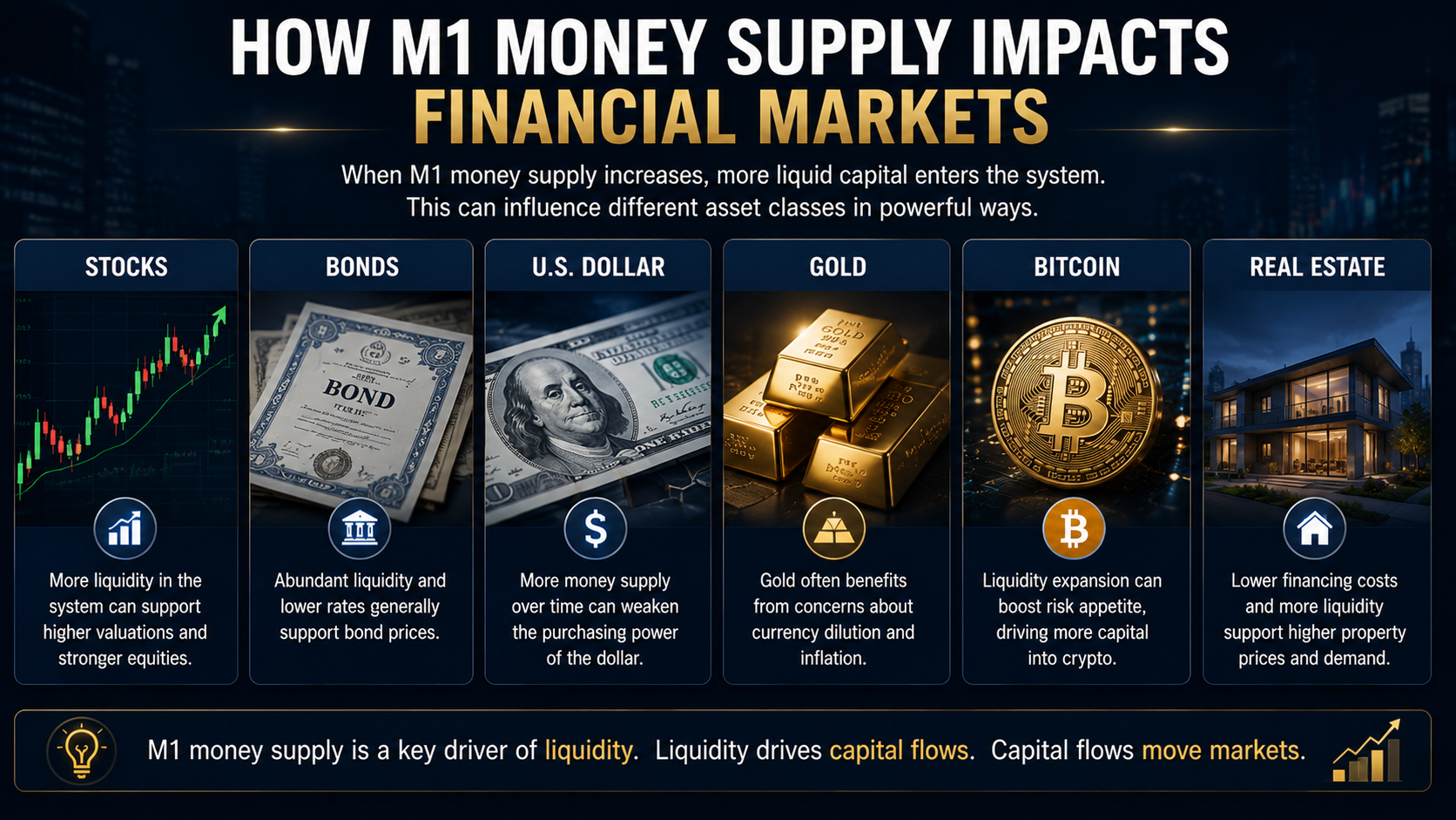 Impact of M1 money supply on stocks, bonds, gold, Bitcoin, real estate, and financial markets