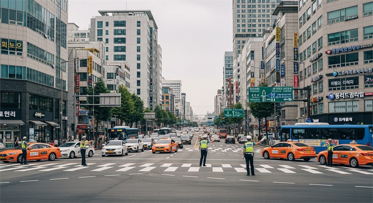 우회전 단속이 이뤄지는 도심 교차로 전경 