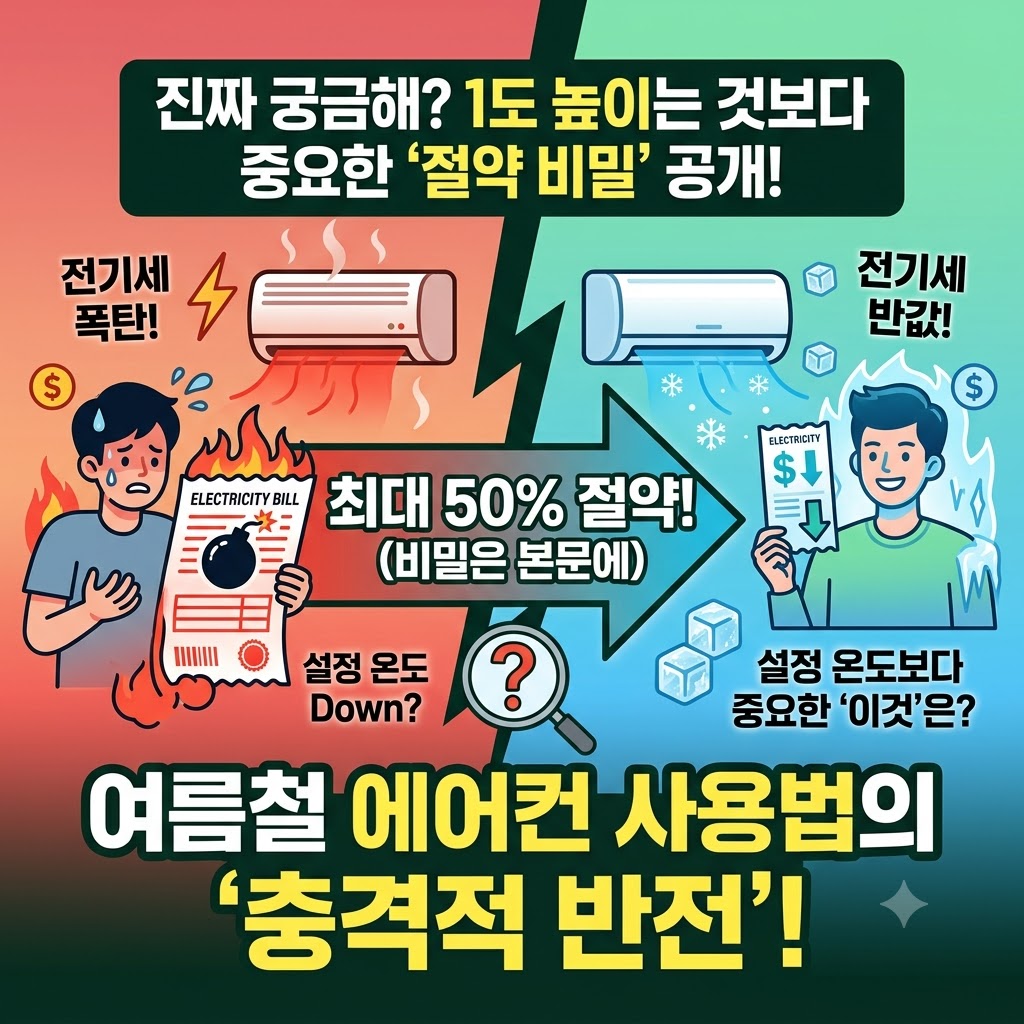 여름철 에어컨 사용법의 충격적 반전! 절약 비밀 공개. 썸네일은 시각적으로 두 부분으로 나뉘며 왼쪽은 뜨거운 빨간색 배경에 땀을 흘리고 고민하는 사람과 '전기세 폭탄!'이라는 문구가 적힌 불타는 고지서가 보입니다. 오른쪽은 시원하고 차가운 파란색 배경에 미소 짓고 얼음 오라가 있는 사람과 '$' 기호가 있는 시원한 고지서, '전기세 반값!'이라는 문구가 보입니다. 상단에는 '진짜 궁금해? 1도 높이는 것보다 중요한 '절약 비밀' 공개!'라는 큰 초록색 제목이 있고, 중앙에는 '최대 50% 절약!'이라는 큰 문구가 쓰인 강력한 화살표가 '비밀' 쪽을 가리키고 있습니다. 화살표 아래에는 돋보기 아이콘과 '설정 온도보다 중요한 '이것'은?'이라는 질문이 있어 호기심을 자극합니다. 전체적으로 정보를 나열하기보다 시각적 대비와 강력한 숫자로 클릭을 유도하는 구조입니다.