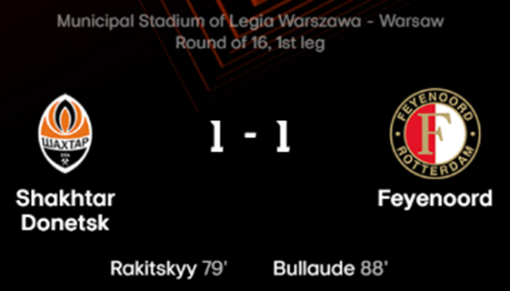 22/23시즌 UEFA 유로파리그 16강 1차전 샤흐타르 도네츠크 대 페예노르트 경기 결과