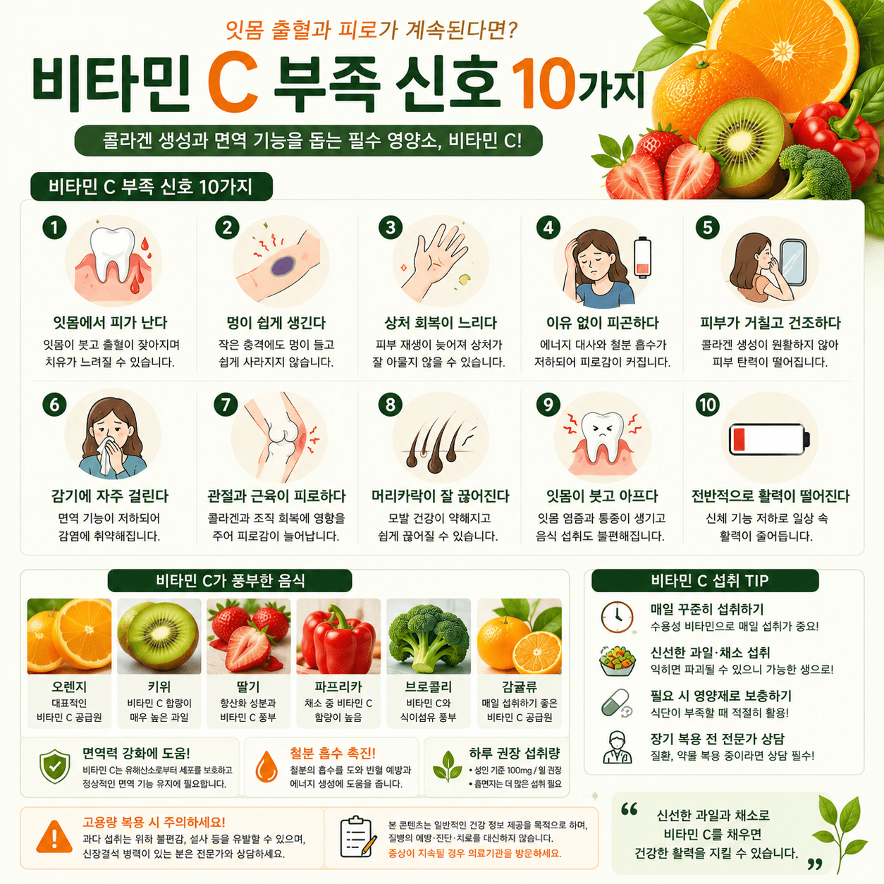 비타민 C 부족 증상과 비타민 C가 풍부한 식품을 간단하게 정리한 인포그래픽