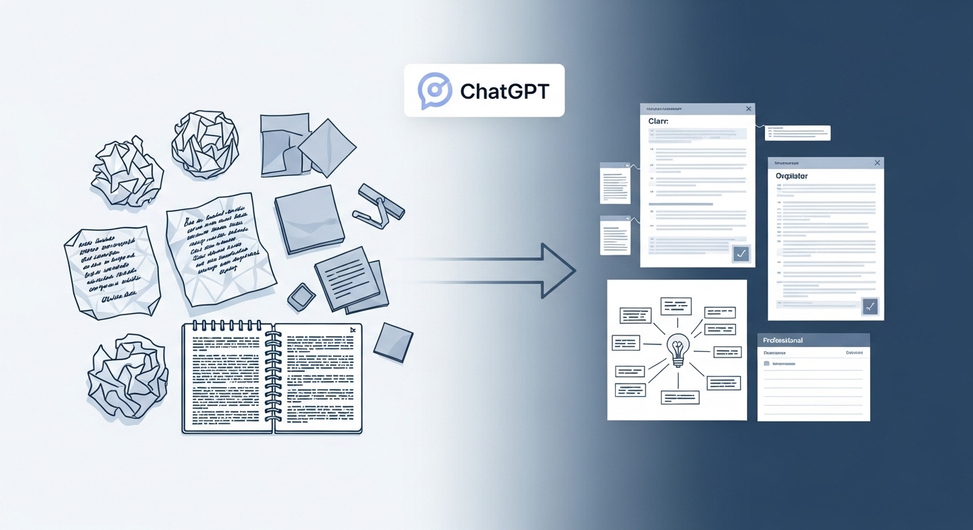 챗GPT를 활용해 복잡한 작업이 효율적으로 정리되는 과정을 시각적으로 표현한 이미지.