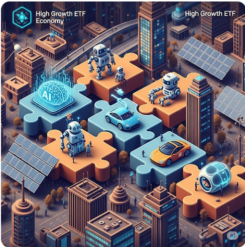 다양한 산업 분야를 상징하는 아이콘(AI, 로봇, 전기차, 태양광 패널 등)들이 거대한 퍼즐 조각처럼 모여 미래 경제를 형성하는 모습. 고성장 ETF가 이 미래 산업의 흐름을 보여준다