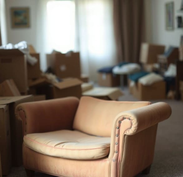 이삿짐들 사이에 놓인 폐기물로 내놓을 오래된 1인용 소파입니다.