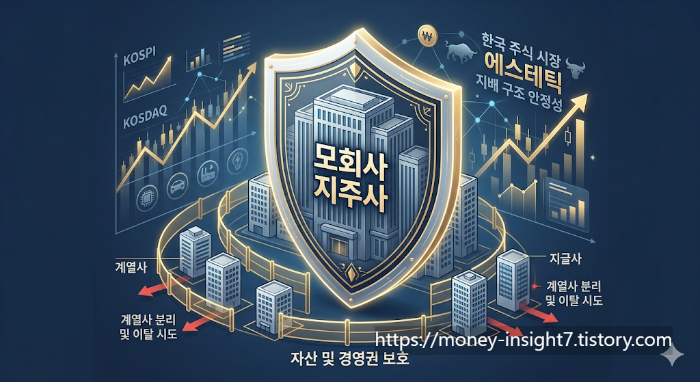 '모회사 지주사'를 중심으로 한 한국 주식 시장의 지배 구조 안정성과 자산 보호를 형상화한 인포그래픽 이미지. 대형 방패가 지주사 건물을 보호하고 있으며, 주변으로는 계열사 분리 및 이탈 시도를 차단하는 시각적 장치가 배치되어 있습니다. 배경에는 KOSPI와 KOSDAQ의 상승 그래프가 그려져 있고, '한국 주식 시장 에스테틱 지배 구조 안정성', '자산 및 경영권 보호' 등의 문구가 포함되어 있음