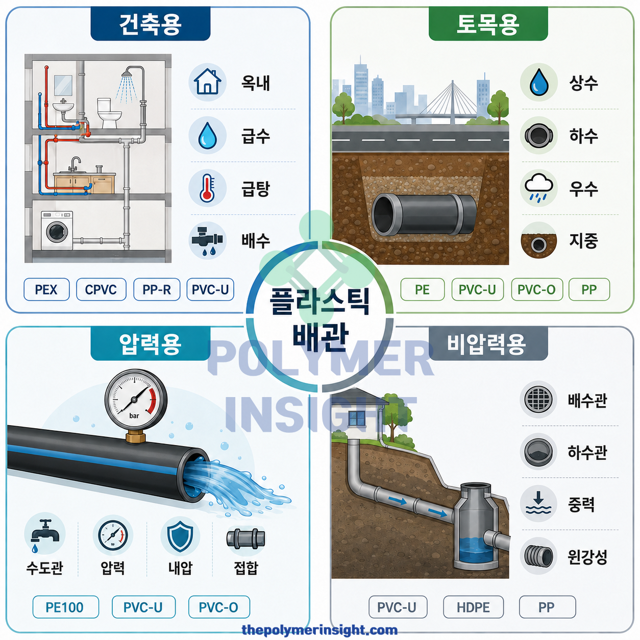 건축용 토목용 압력용 비압력용 플라스틱 배관 분류