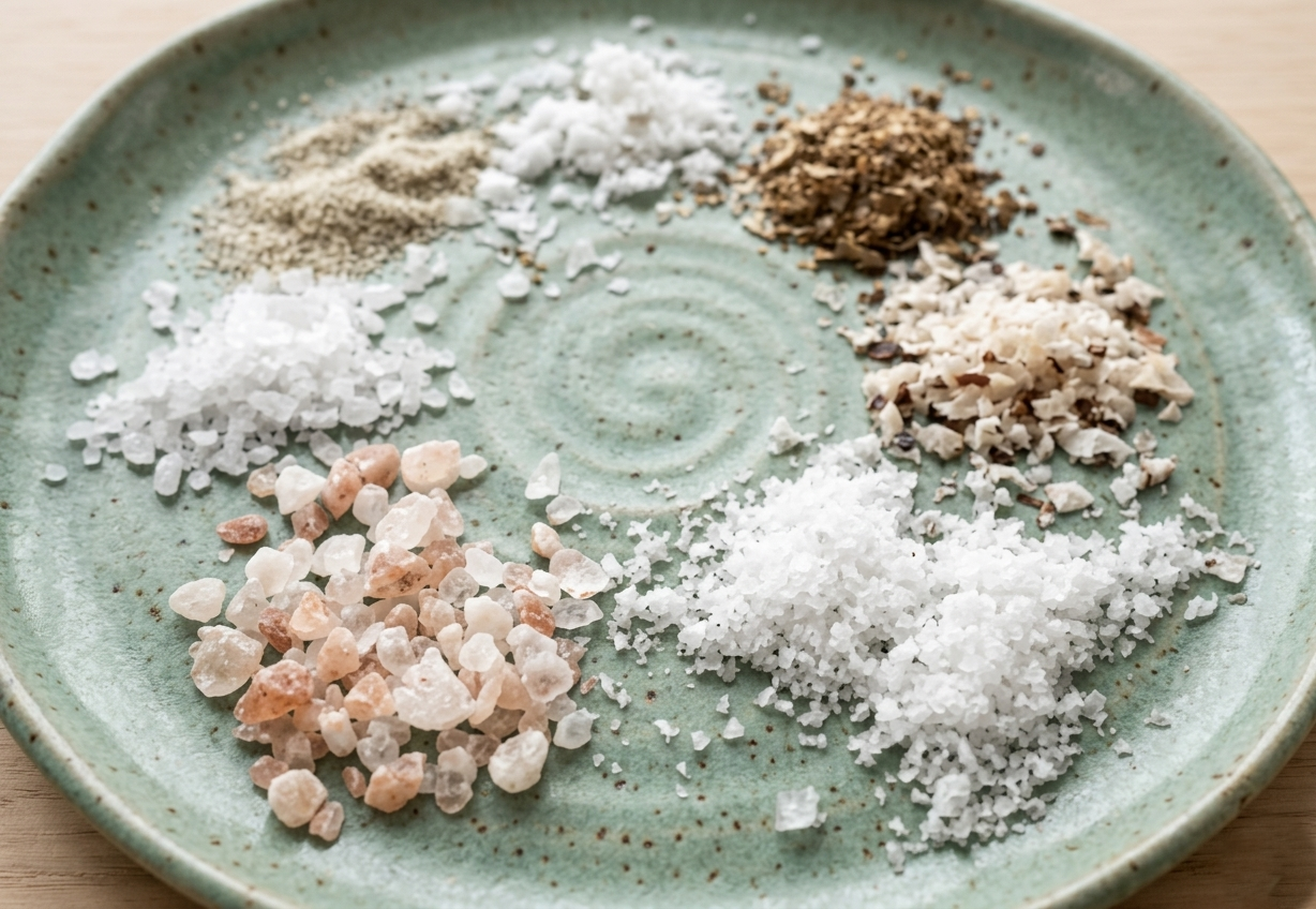 보라카이의 감성 식탁 비색 도기 접시에 정갈하게 담긴 천일염 핑크솔트 등 다양한 소금 종류의 질감 비교