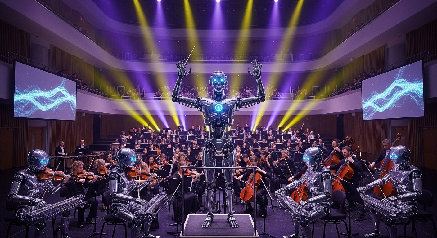 AI 지휘자가 인간과 로봇 연주자들로 구성된 오케스트라를 이끄는 미래 콘서트 장면.