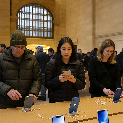 뉴욕 그랜드 센트럴 애플스토어 내부에서 전자기기를 구경 중인 소비자들 모습