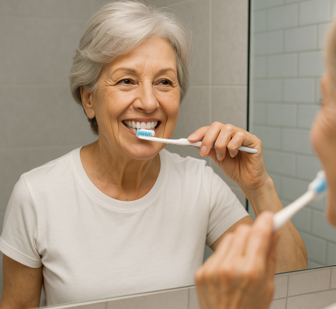 욕실 거울을 보며 양치하는 여성