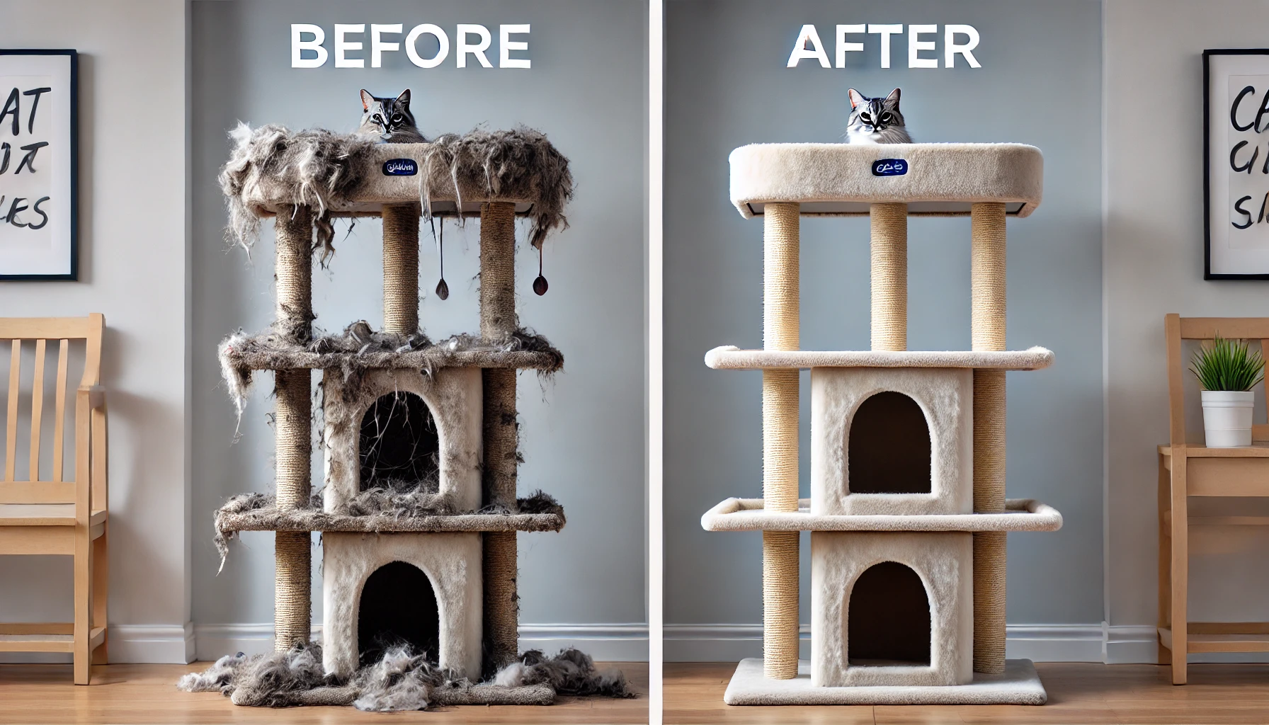 캣타워 청소 전과 후의 상태를 한눈에 비교한 모습