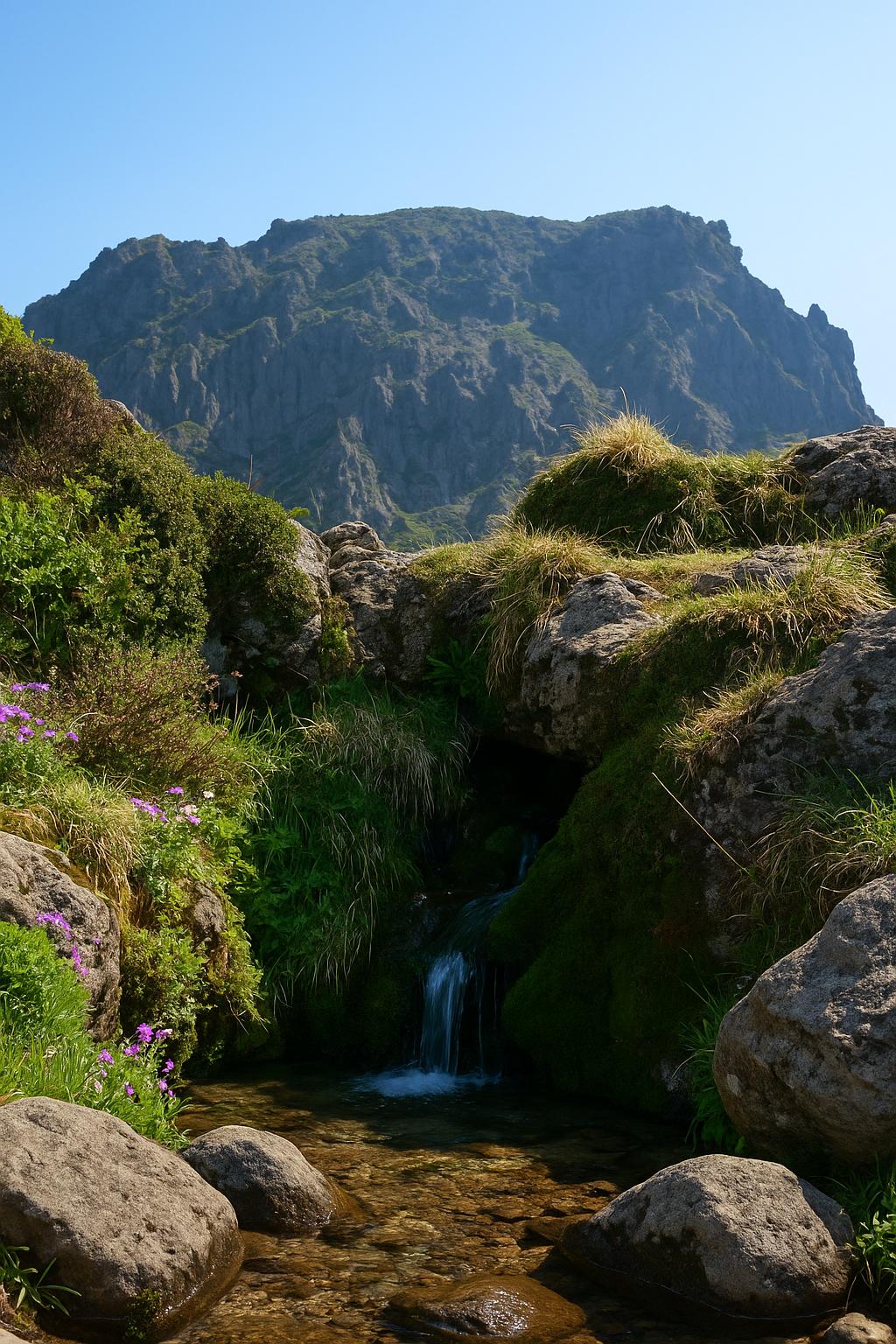 한라산 암벽 아래 초록 계곡과 작은 물줄기