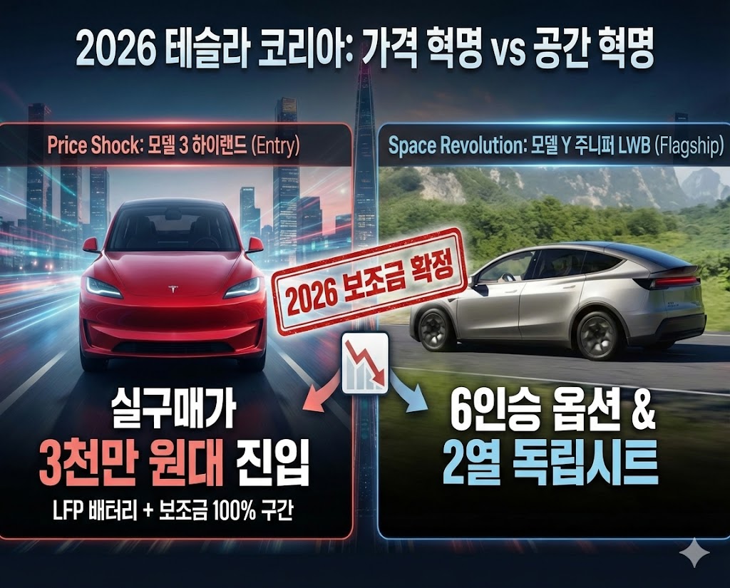 2026년 확정된 테슬라 모델 3와 모델 Y 가격 인하표와 보조금 적용 실구매가 분석, 그리고 상반기 출시 예정인 모델 Y 롱휠베이스(주니퍼)의 비교 인포그래픽