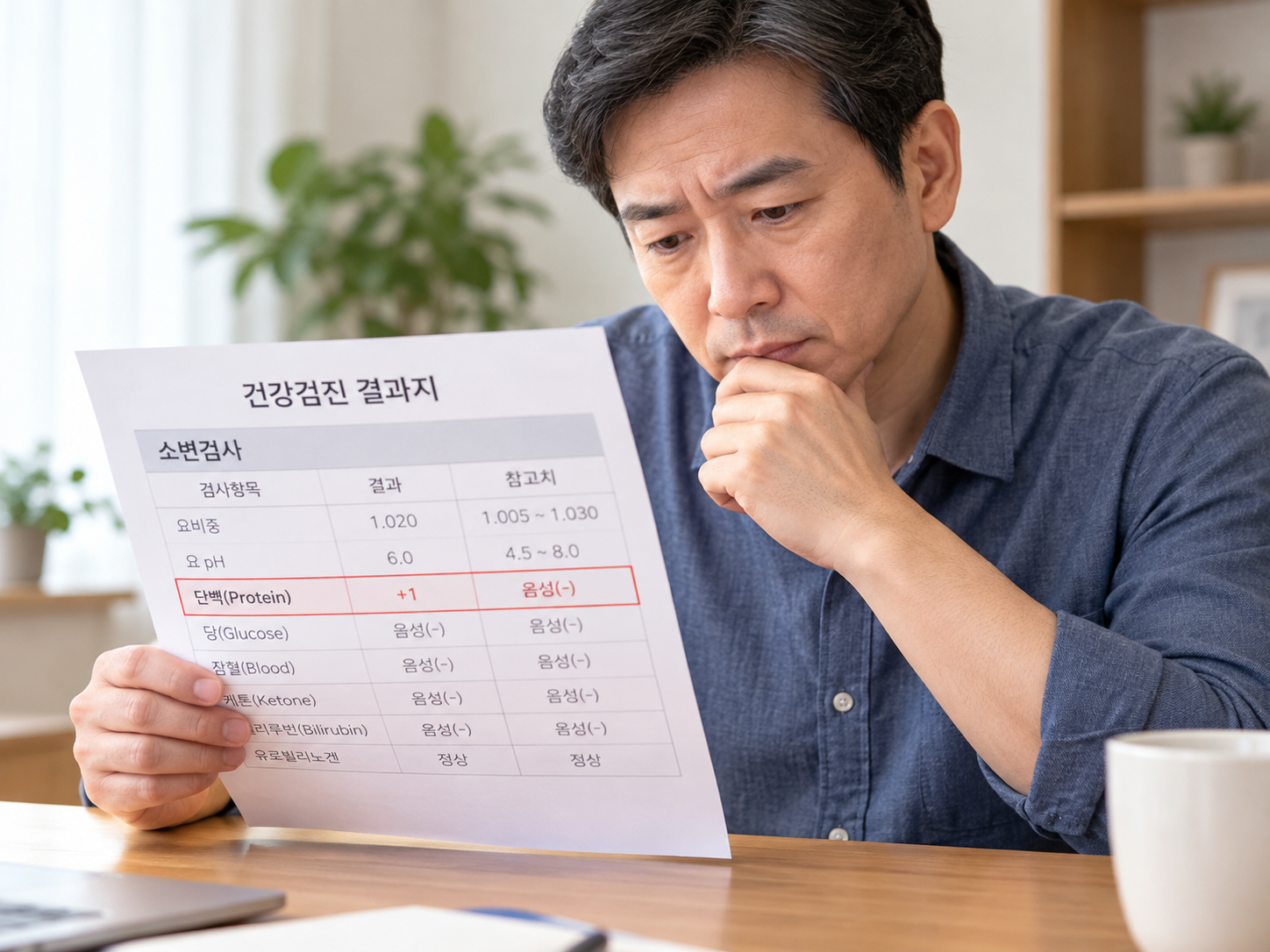 건강검진 결과지에서 소변 단백 항목을 확인하는 40~50대 성인