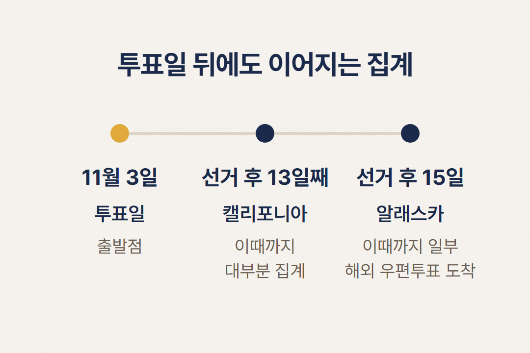 결과가 늦어지는 이유의 예로 11월 3일 투표일 뒤 캘리포니아의 13일째 집계와 알래스카의 15일 우편투표 도착을 차례로 놓은 타임라인]