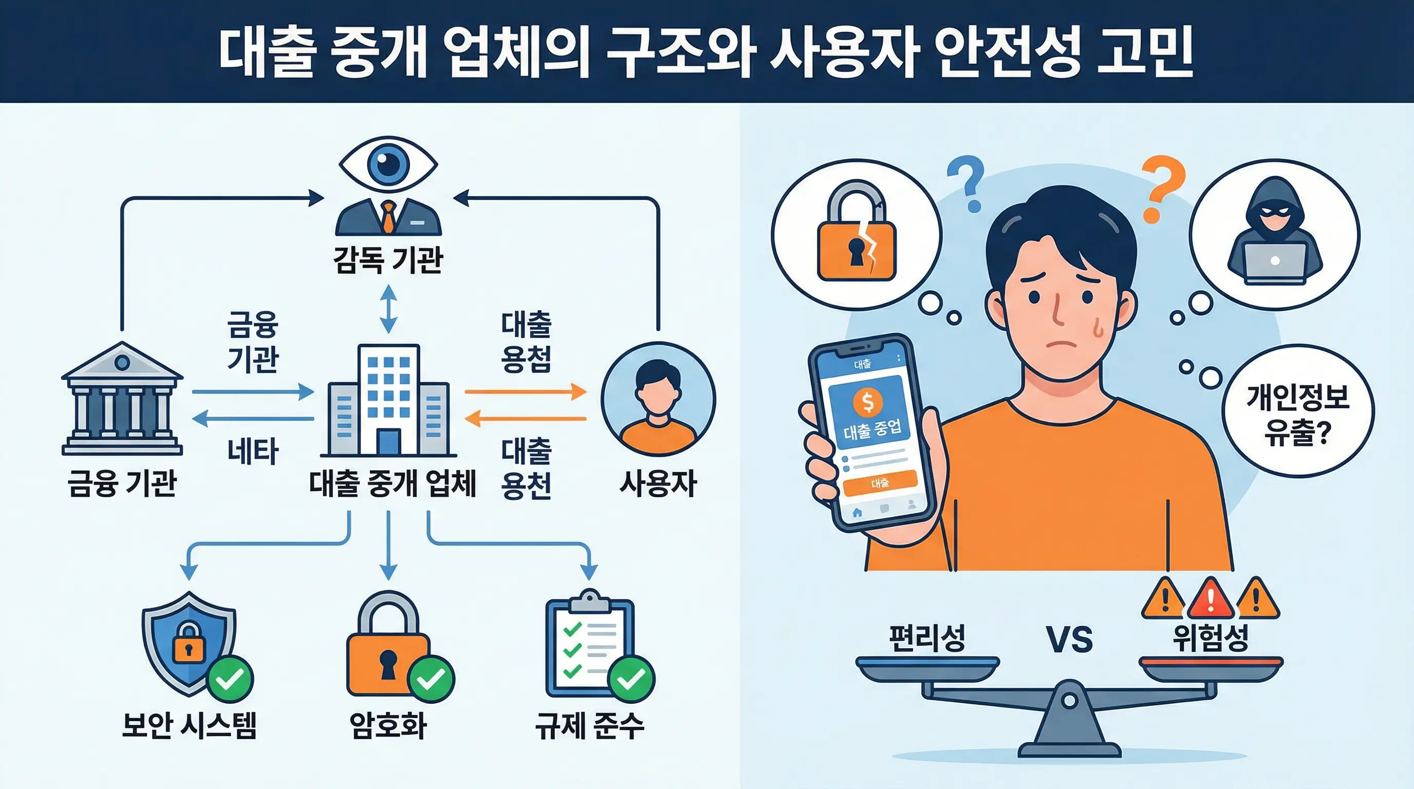 대출 중개 업체의 구조를 보여주는 인포그래픽과 안전성을 고민하는 사용자의 모습