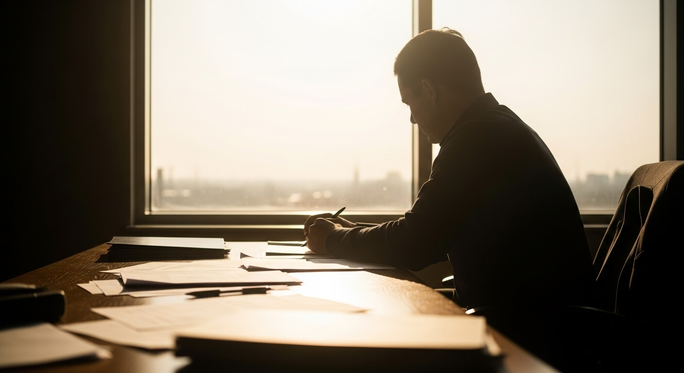 창가에서 서류를 작성하는 중년 남성의 모습