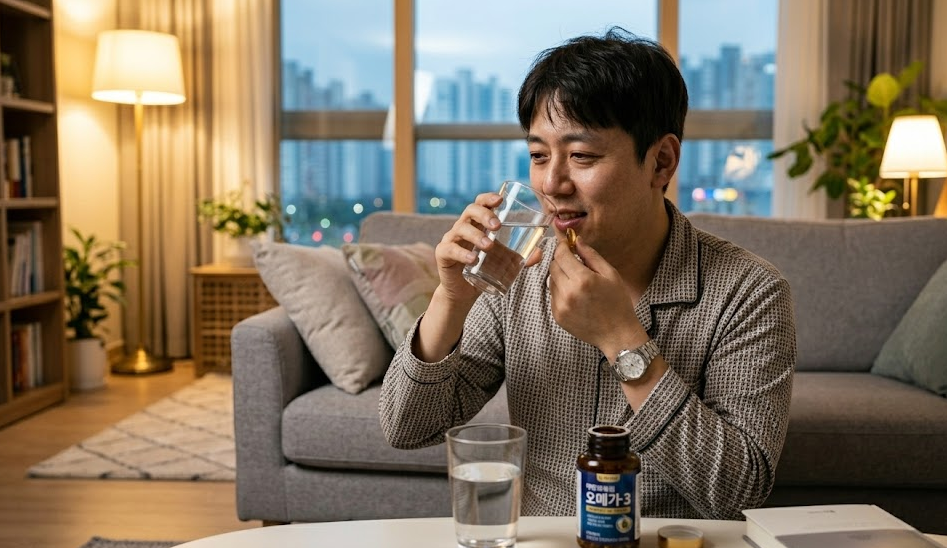 흡수율을 높이기 위해 지방이 포함된 저녁 식사 직후 오메가3를 섭취하는 습관