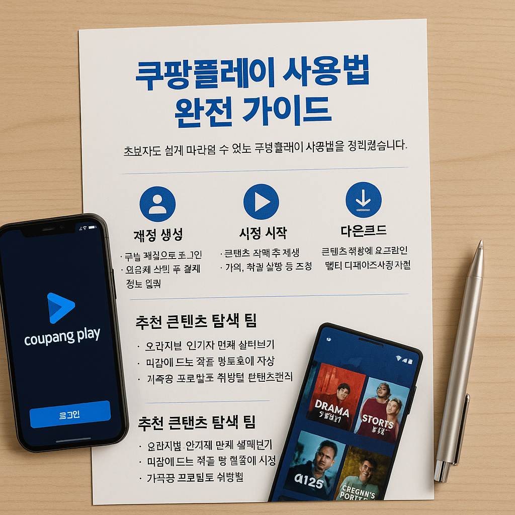 스마트폰과 쿠팡플레이 로그인 화면이 함께 놓인 쿠팡플레이 사용법 가이드 전단지