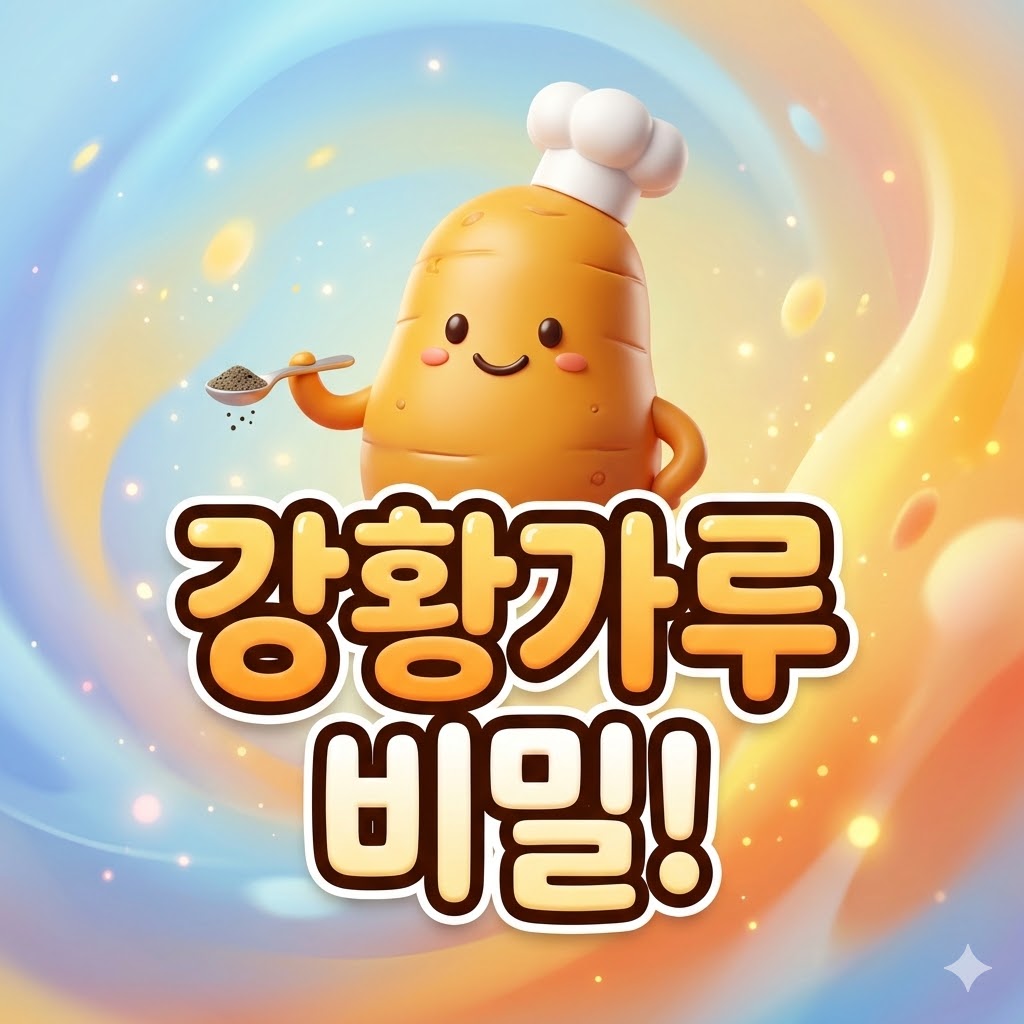 웃는 강황 캐릭터가 후추 든 숟가락을 들고 있는 모습과 '강황가루 비밀!' 한글 텍스트