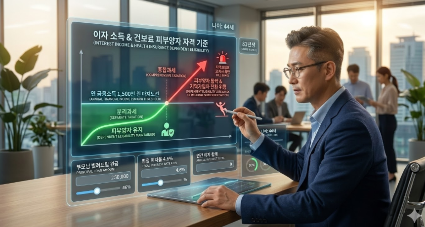 40대 남성 직장인이 부모님 차용증 작성 시 발생하는 이자 소득과 건강보험 피부양자 자격 박탈 리스크를 분석하는 3D 인포그래픽. 법정 이자율 4.6%와 연 금융소득 1,500만 원 마지노선을 시각화한 모습
