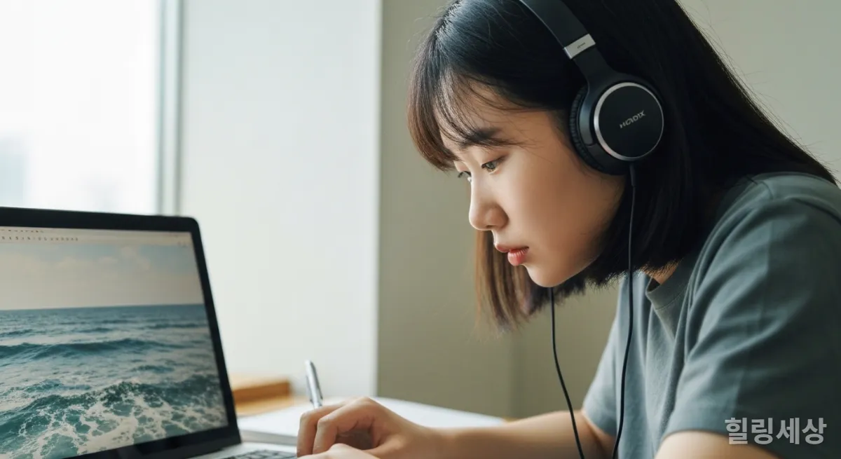 헤드폰을 끼고 파도 소리를 들으며 공부하는 한국인 학생