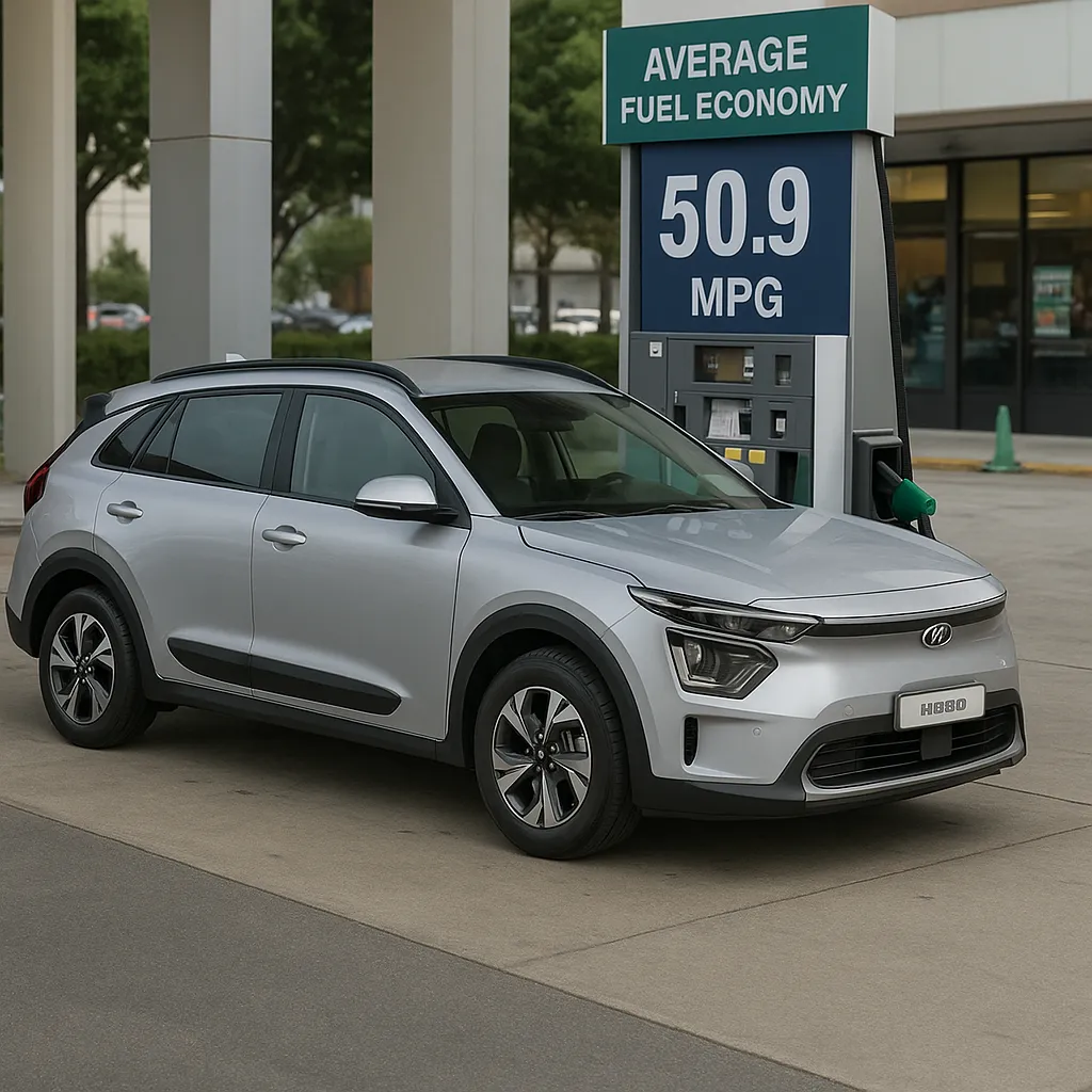 주유소에서 연비 확인 중인 기아 니로 하이브리드 차량