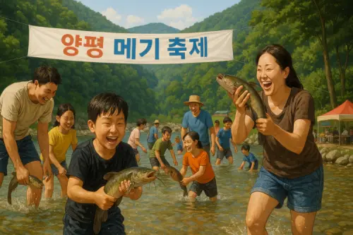어른과 아이들이 강가에서 메기를 손으로 잡고 즐겁게 웃는 모습
