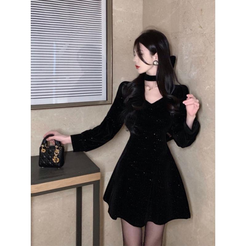 벨벳 숏 블랙드레스 파티 프롬드레스