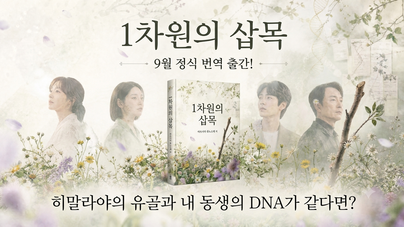신간 도서 '1차원의 삽목' 9월 정식 번역 출간을 알리는 블로그 썸네일 이미지. 중앙에 원작 소설의 책 표지가 놓여 있고, 배경에는 일본 드라마 주요 인물들과 들꽃, 나무 가지, DNA 나선형 이미지가 어우러져 있습니다. 하단에는 '히말라야의 유골과 내 동생의 DNA가 같다면?'이라는 문구가 적혀 있습니다.