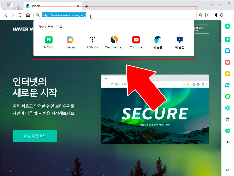 네이버 웨일 자주 방문한 사이트