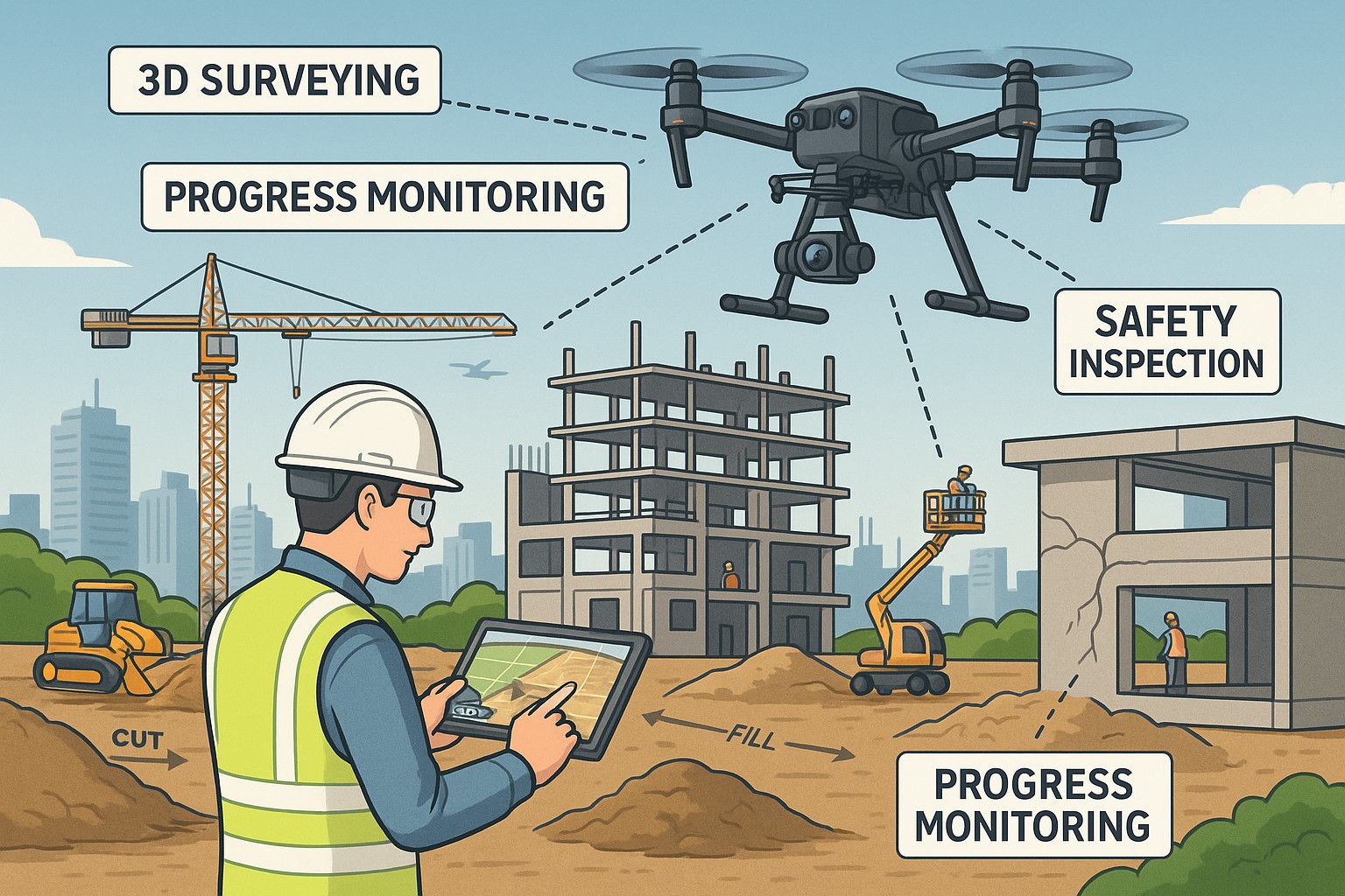 스마트 건설 현장에서 산업용 드론이 현장 관리 업무를 수행하는 모습을 시각화한 대표 인포그래픽
