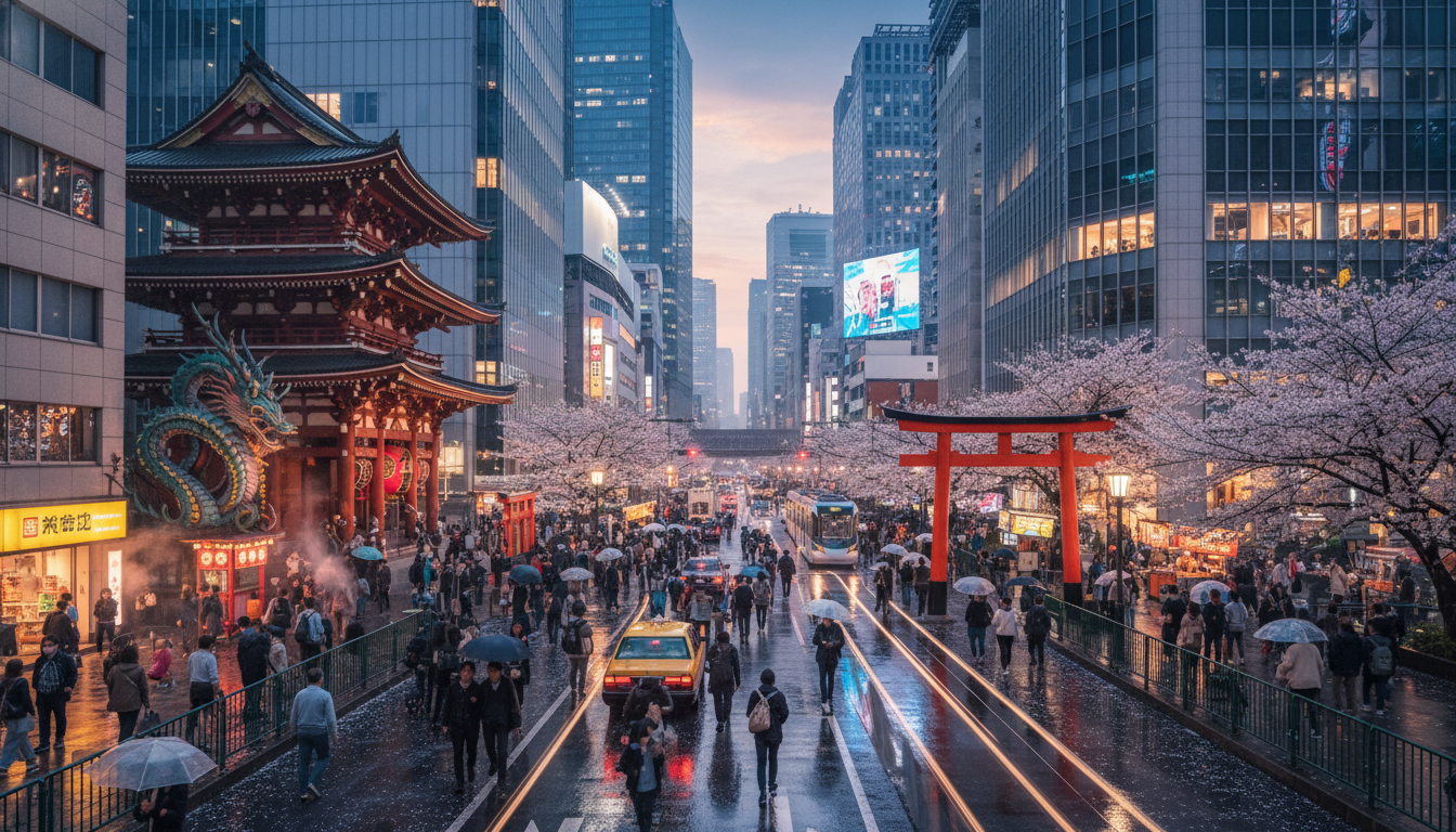 2026년 일본 도쿄의 화려한 도심 야경과 여행객들