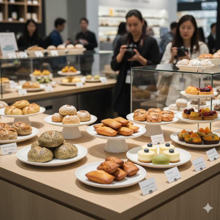 글루텐프리 빵과 미니멀 디저트의 세련된 진열 모습 예상 이미지